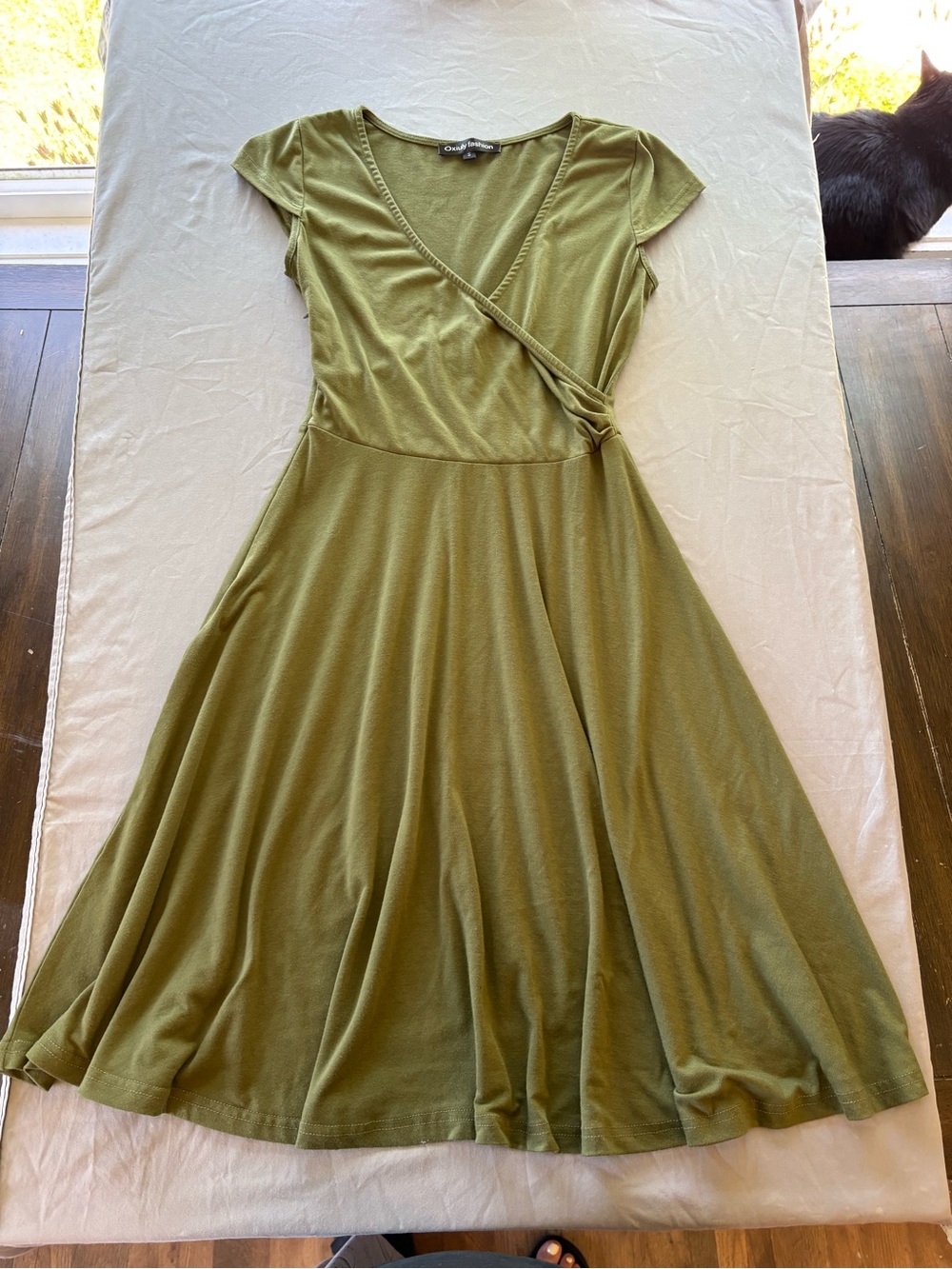 Olive Green Short-Sleeve Faux Wrap Midi Dress